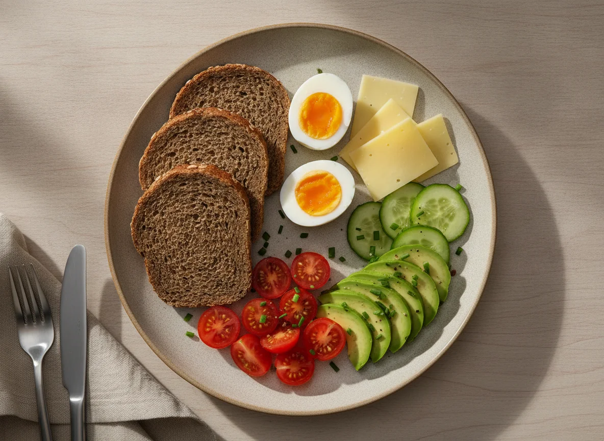 Frühstücksteller mit Brot, Eiern und Gemüse photo