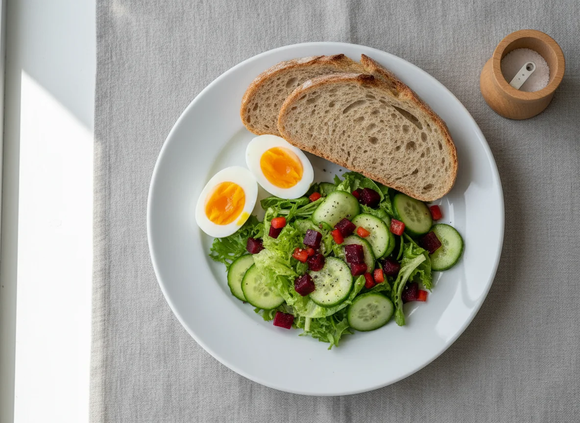 Frühstücksteller mit Brot, Eiern und Salat photo