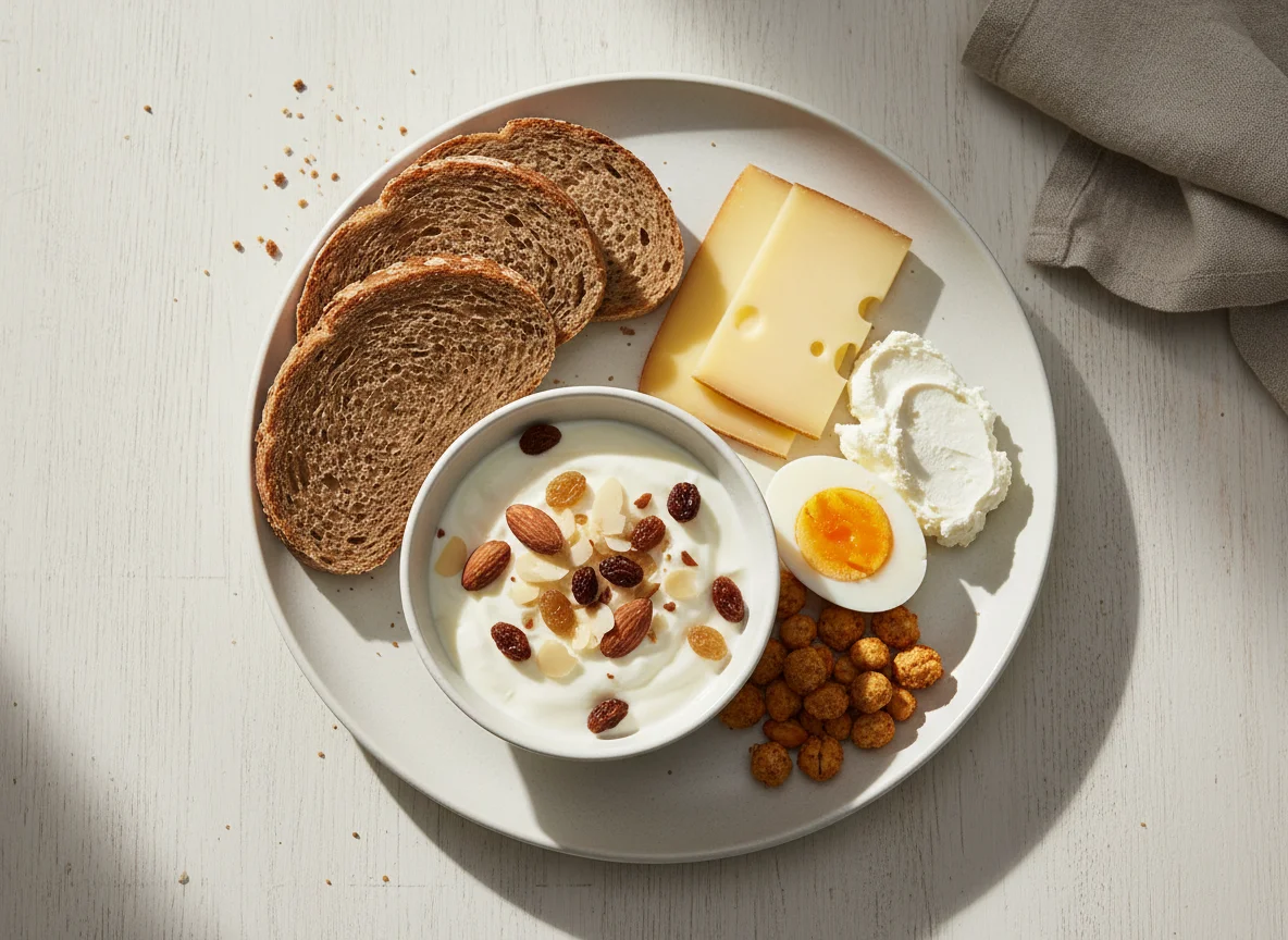 Frühstücksteller mit Brot, Joghurt und Snacks photo