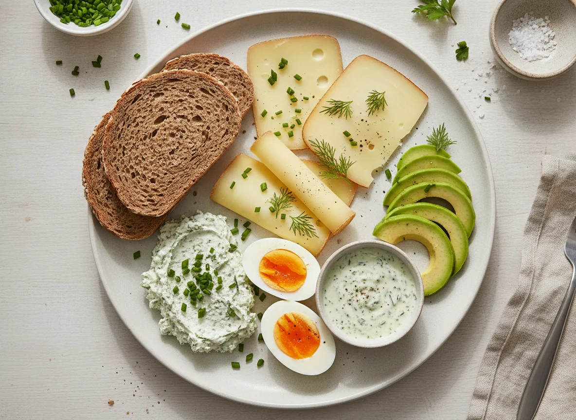 Frühstücksteller mit Brot, Käse, Eiern und Avocado photo