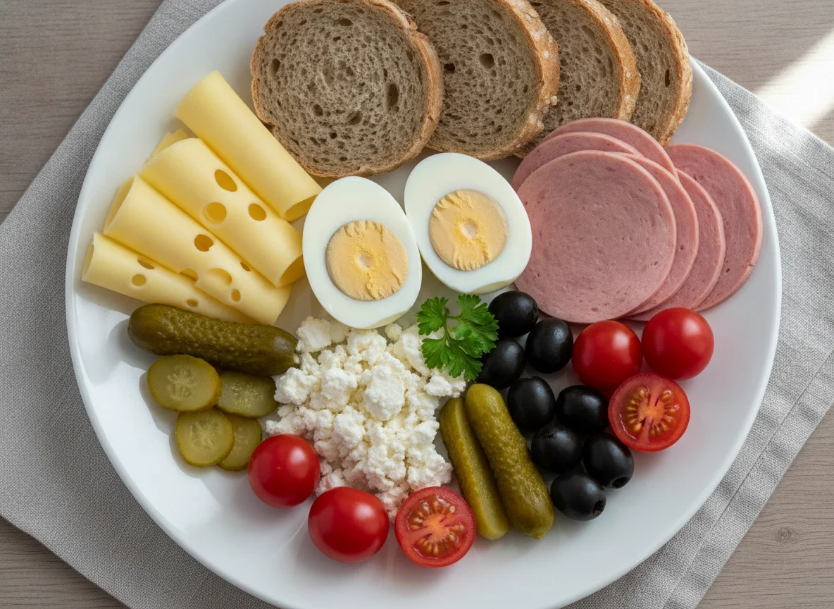 Frühstücksteller mit Brot, Käse, Eiern und Gemüse photo