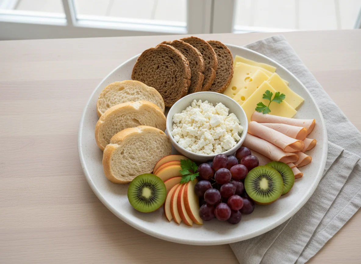 Frühstücksteller mit Brot, Käse, Putenbrust und Obst photo