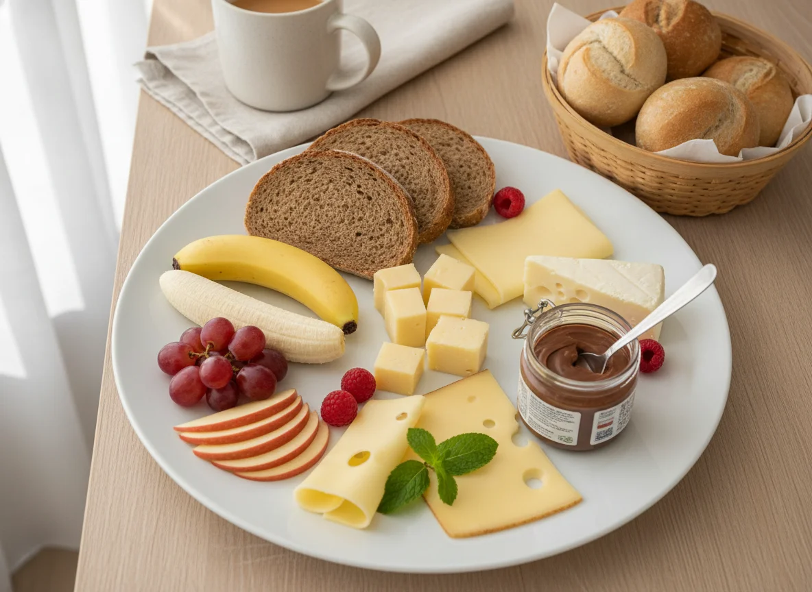 Frühstücksteller mit Brot, Käse, Schokoaufstrich und Obst photo