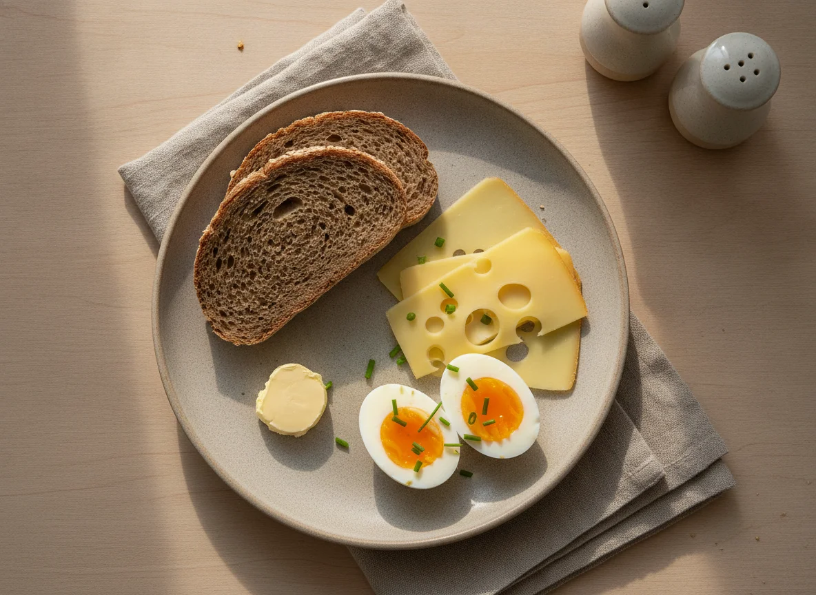 Frühstücksteller mit Brot, Käse und Ei photo