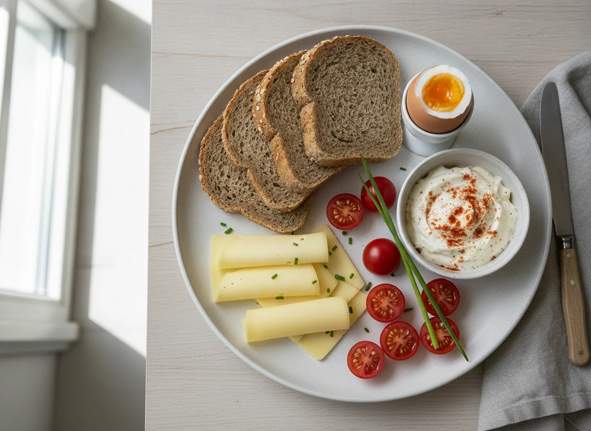 Frühstücksteller mit Brot, Käse und Eiern photo