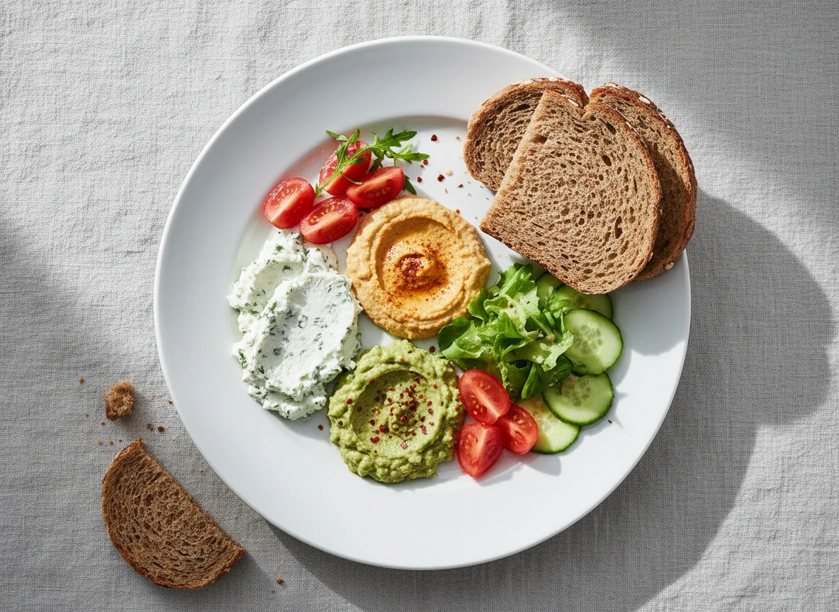 Frühstücksteller mit Brot, Käse und Gemüse photo