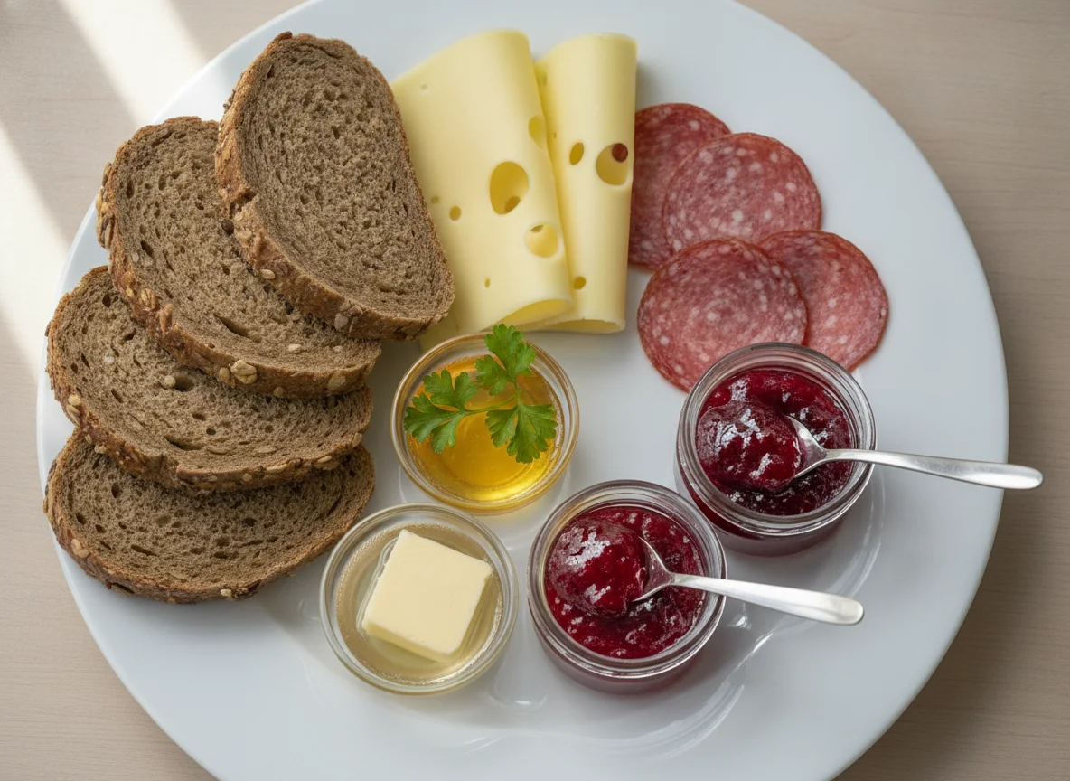 Frühstücksteller mit Brot, Käse und Salami photo
