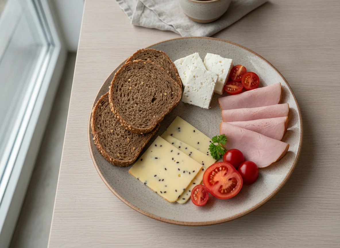 Frühstücksteller mit Brot, Käse und Schinken photo