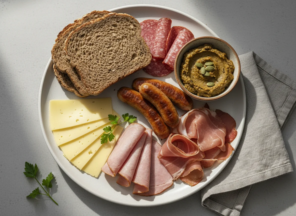 Frühstücksteller mit Brot, Käse und Wurst photo