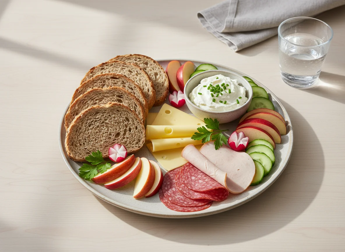 Frühstücksteller mit Brot, Käse, Wurst und Gemüse photo