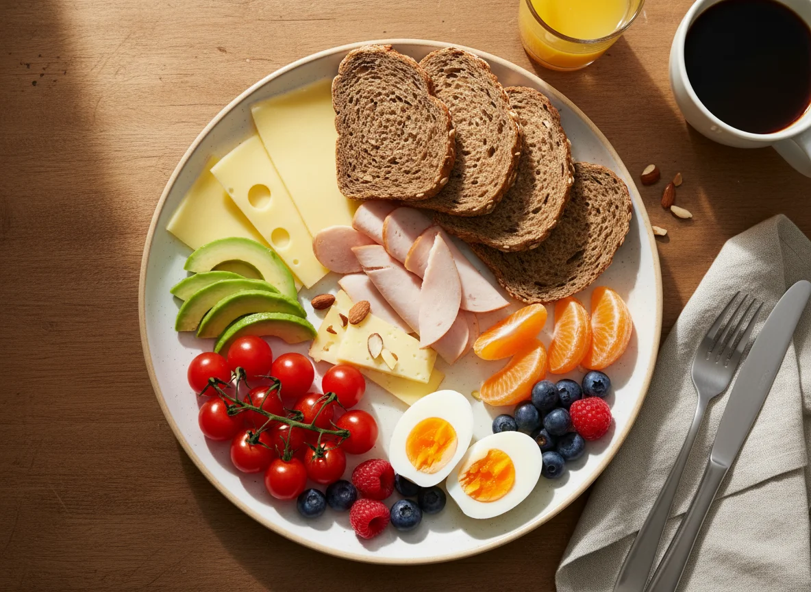Frühstücksteller mit Brot, Obst und Eiern photo
