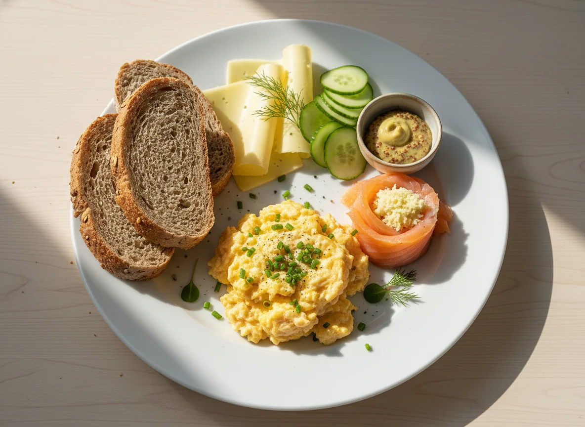 Frühstücksteller mit Brot, Rührei und Gemüse photo