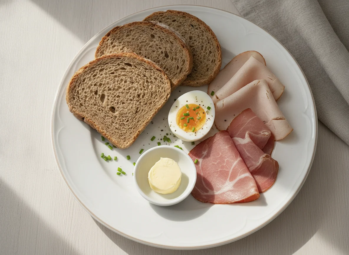 Frühstücksteller mit Brot, Schinken und Ei photo