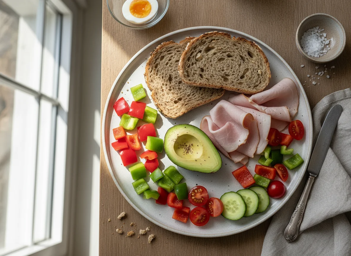 Frühstücksteller mit Brot, Schinken und Gemüse photo
