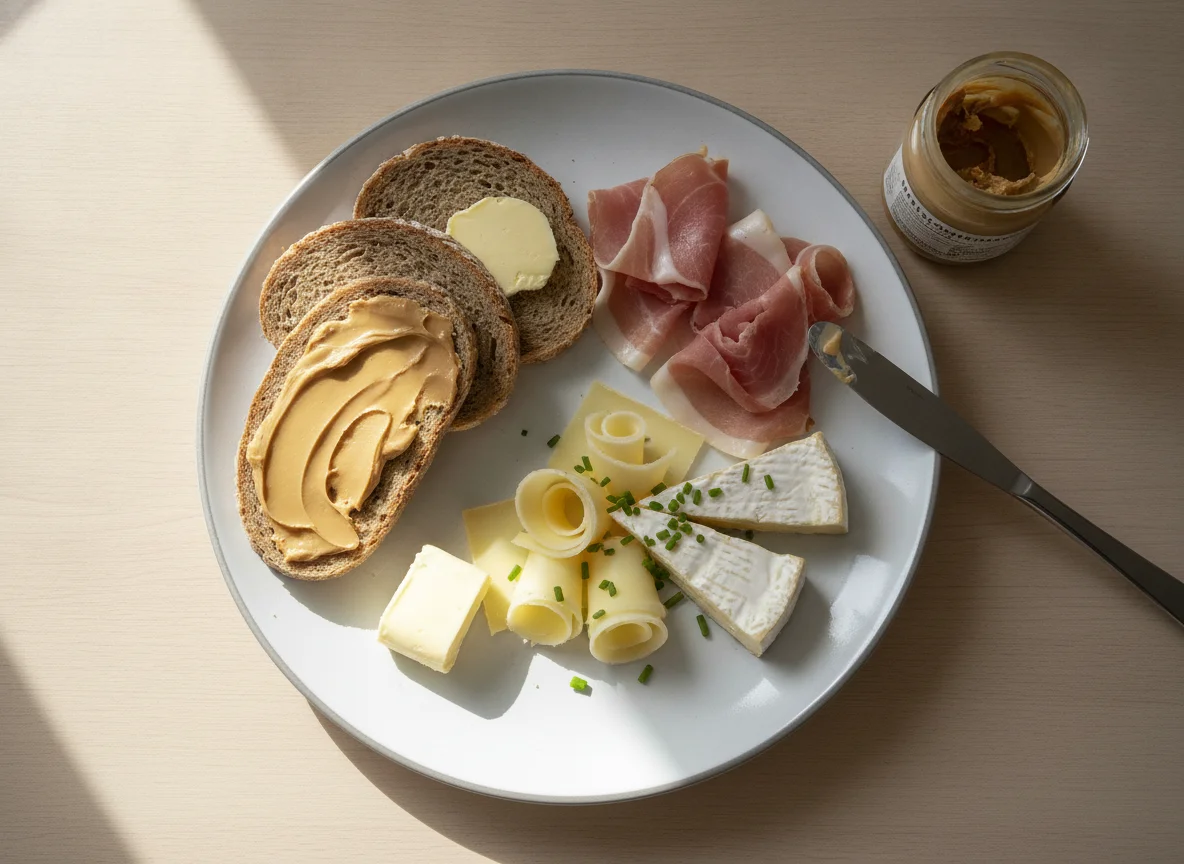 Frühstücksteller mit Brot, Schinken und Käse photo
