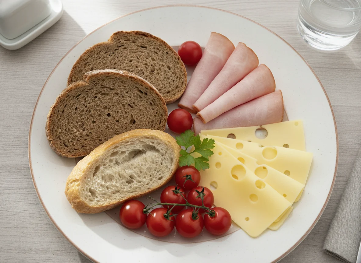 Frühstücksteller mit Brot, Schinken und Tomaten photo