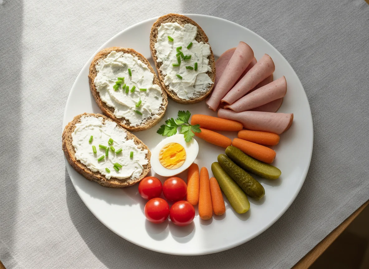 Frühstücksteller mit Brot, Wurst, Ei und Gemüse photo
