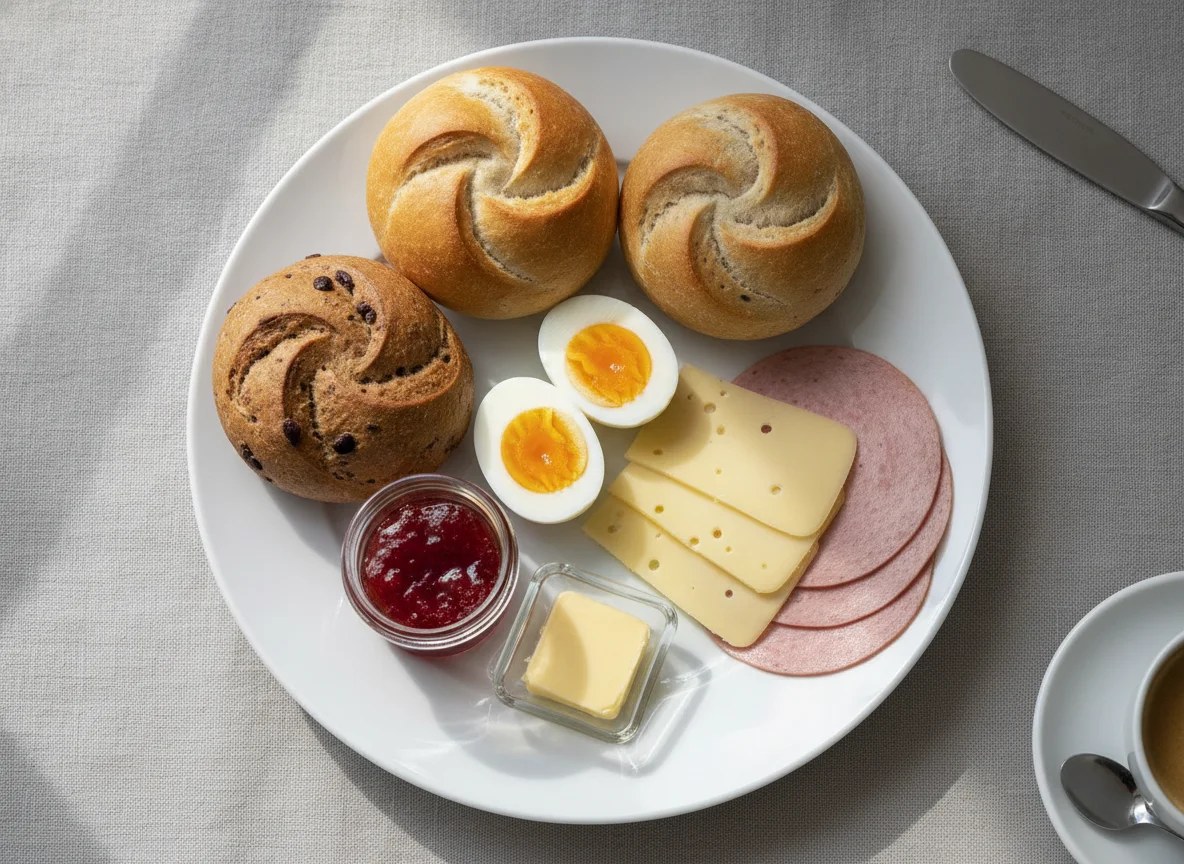 Frühstücksteller mit Brötchen, Aufschnitt und Ei photo