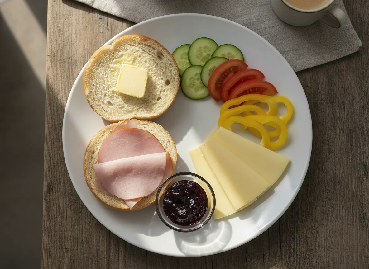 Frühstücksteller mit Brötchen, Aufschnitt und Gemüse photo
