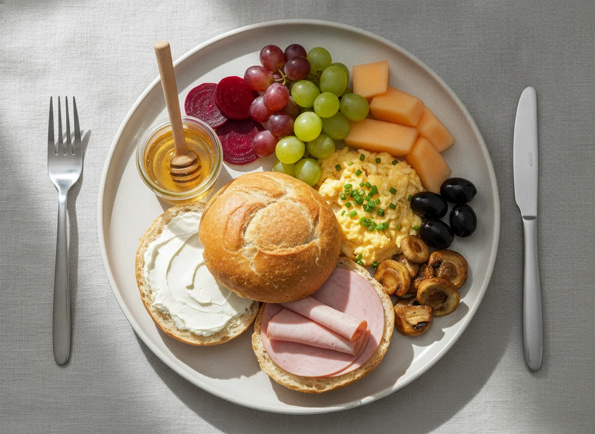 Frühstücksteller mit Brötchen, Aufschnitt und Obst photo