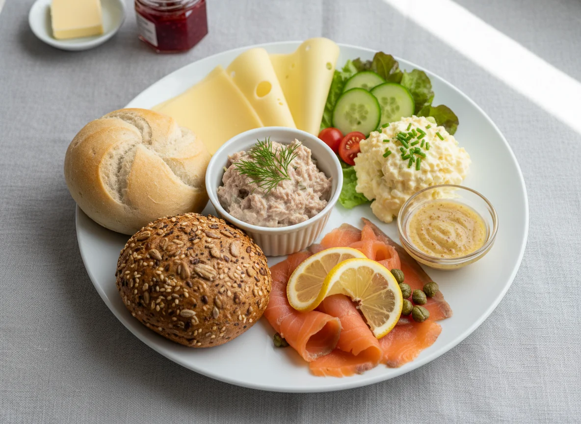 Frühstücksteller mit Brötchen, Aufschnitt und Salaten photo