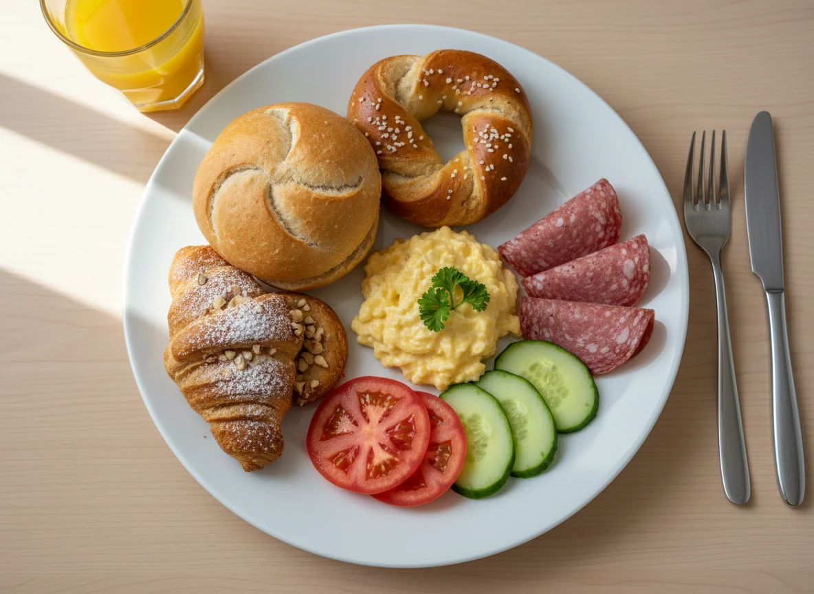 Frühstücksteller mit Brötchen, Brezel und Croissant photo