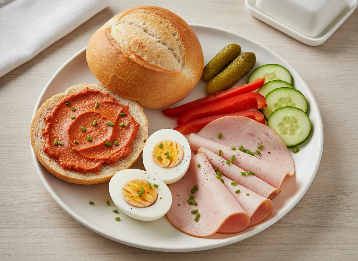 Frühstücksteller mit Brötchen, Ei und Aufschnitt photo