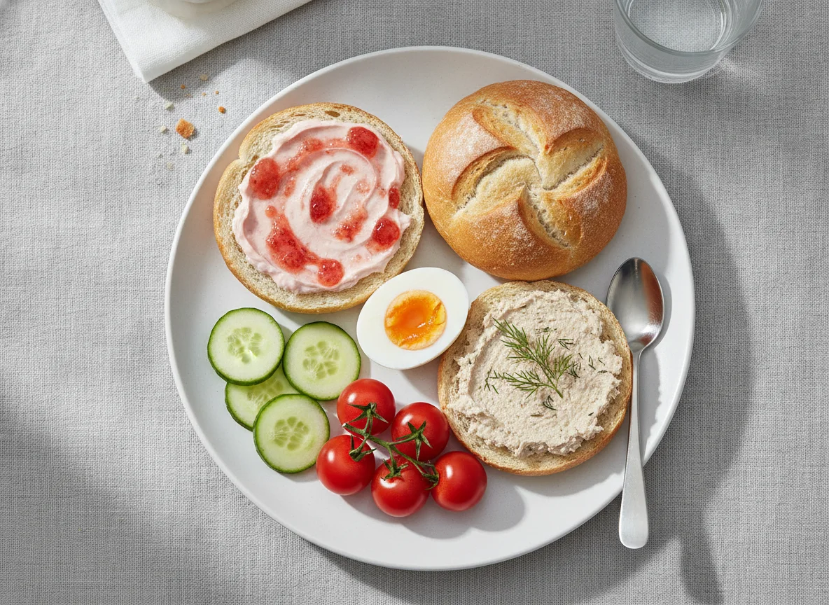 Frühstücksteller mit Brötchen, Ei und Gemüse photo