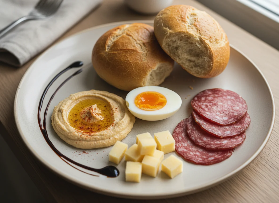 Frühstücksteller mit Brötchen, Ei und Salami photo