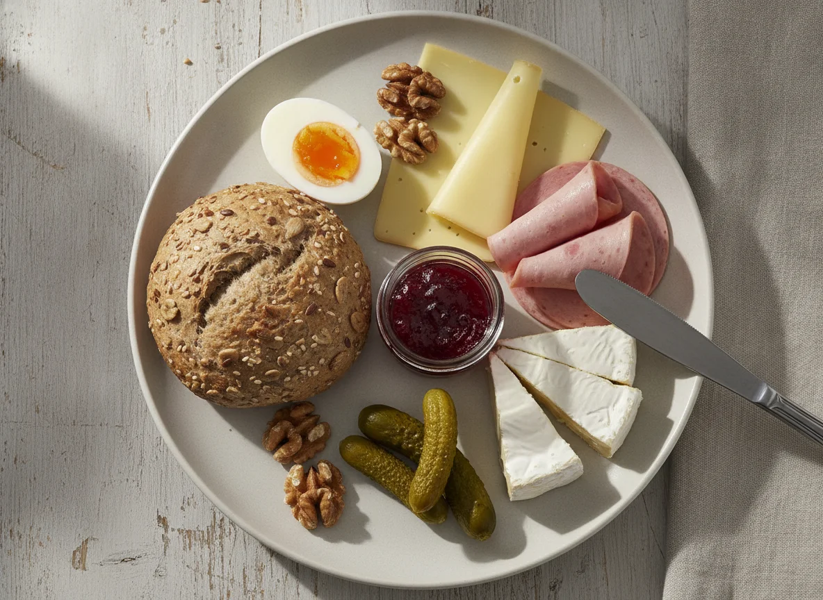 Frühstücksteller mit Brötchen, Ei, Wurst und Käse photo