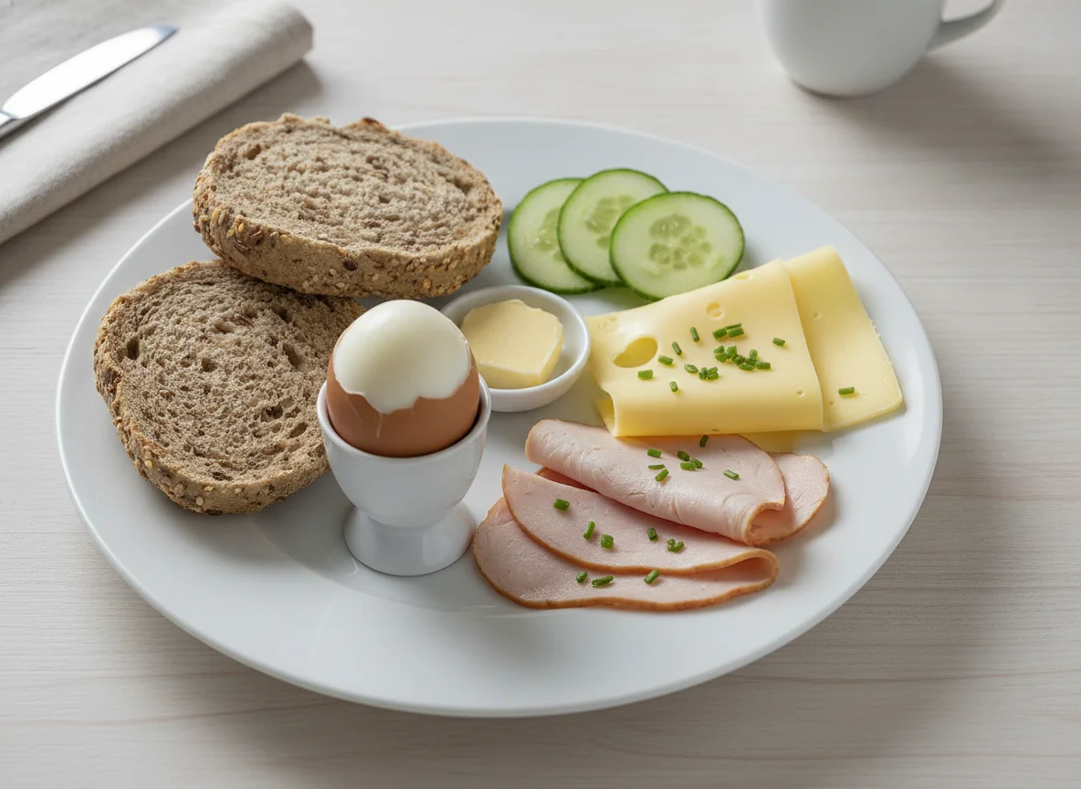 Frühstücksteller mit Brötchen, Eiern und Aufschnitt photo