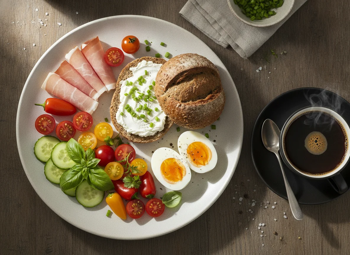 Frühstücksteller mit Brötchen, Eiern und Gemüse photo