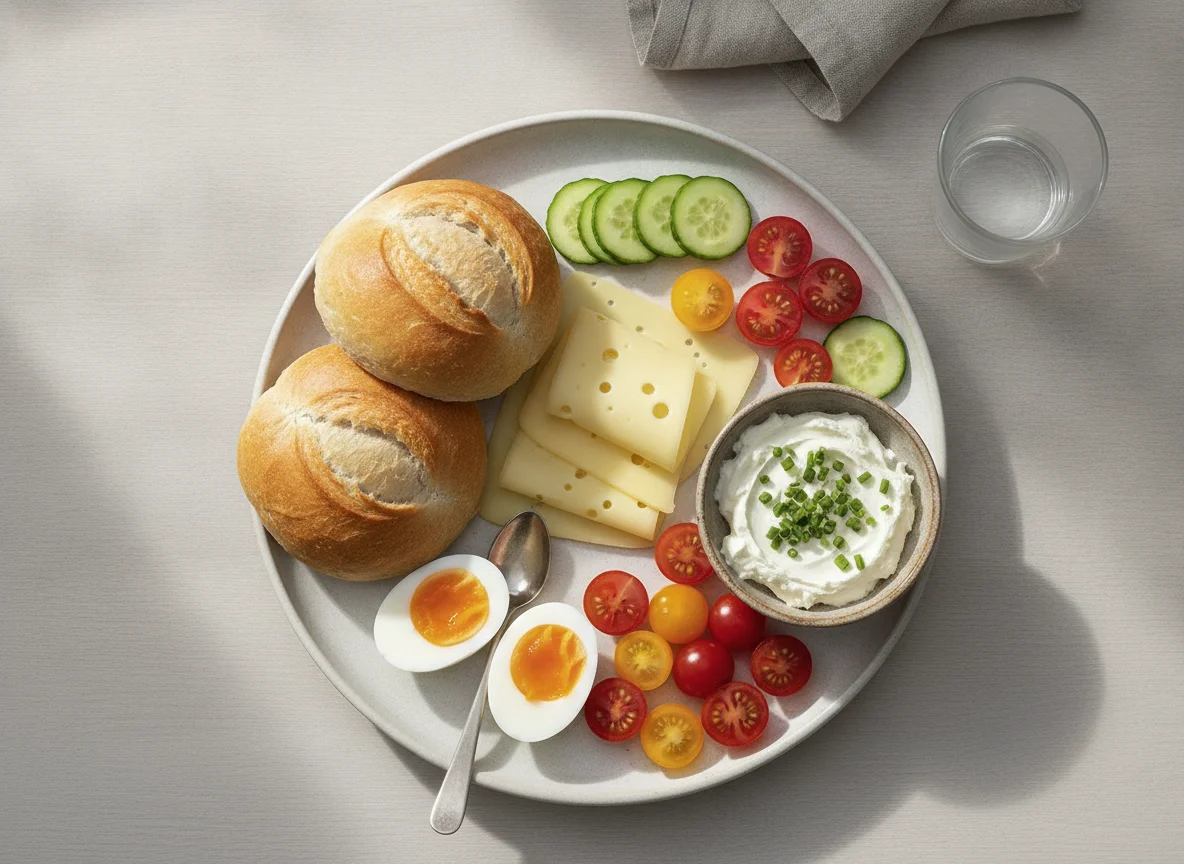Frühstücksteller mit Brötchen, Eiern und Käse photo