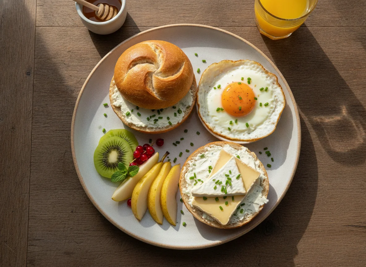 Frühstücksteller mit Brötchen, Käse, Ei und Obst photo
