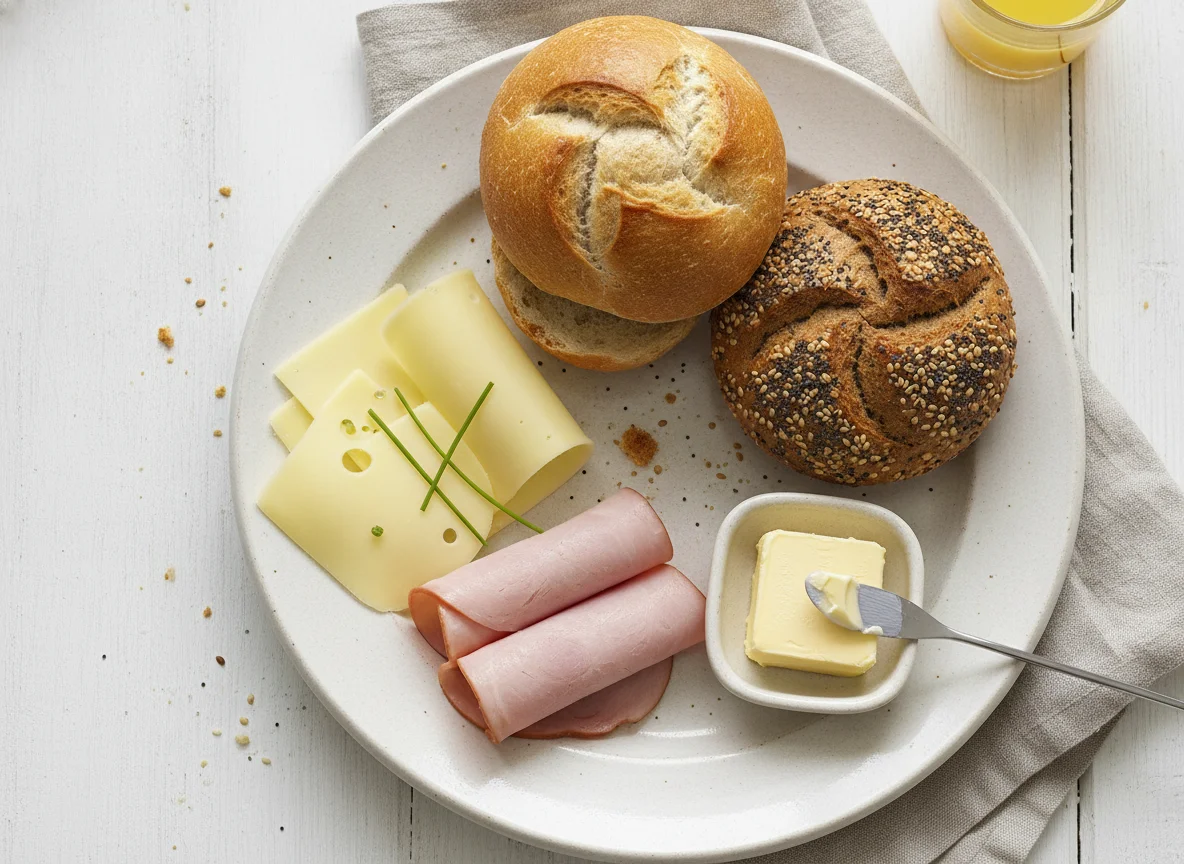 Frühstücksteller mit Brötchen, Käse, Schinken und Butter photo