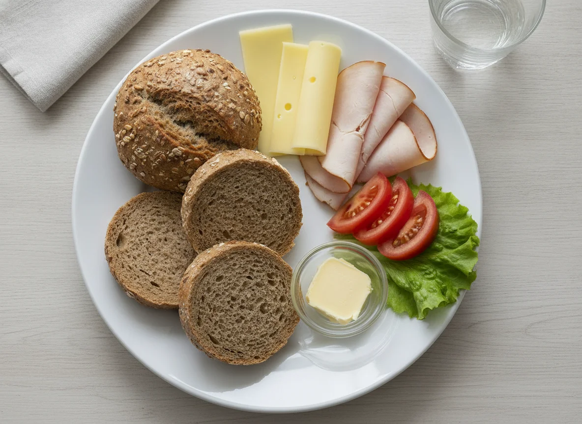 Frühstücksteller mit Brötchen, Käse und Aufschnitt photo