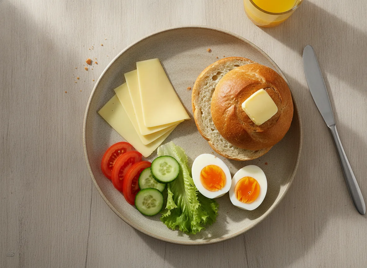 Frühstücksteller mit Brötchen, Käse und Ei photo