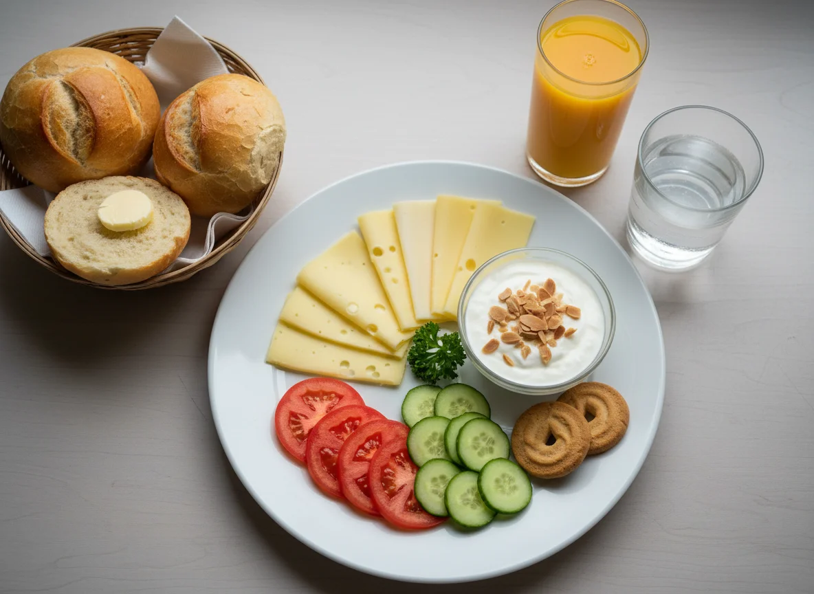 Frühstücksteller mit Brötchen, Käse und Joghurt photo