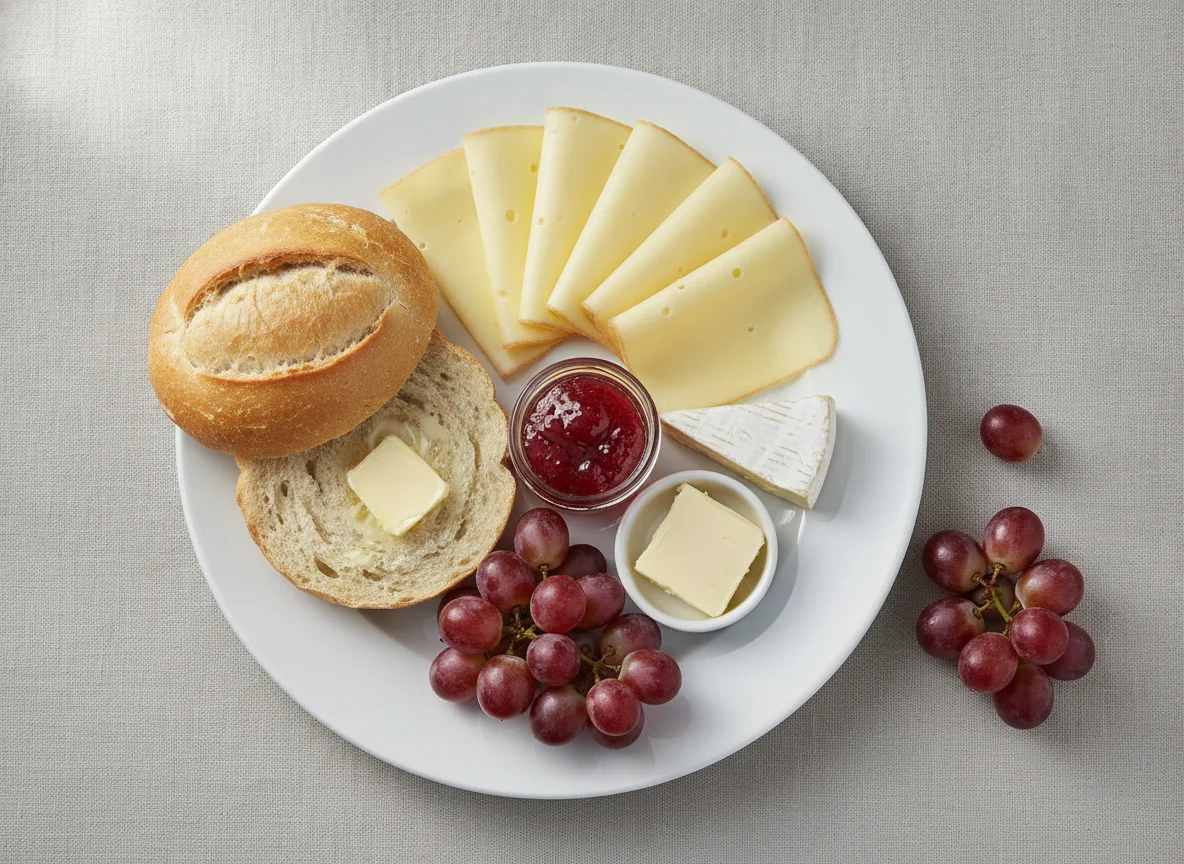 Frühstücksteller mit Brötchen, Käse und Marmelade photo