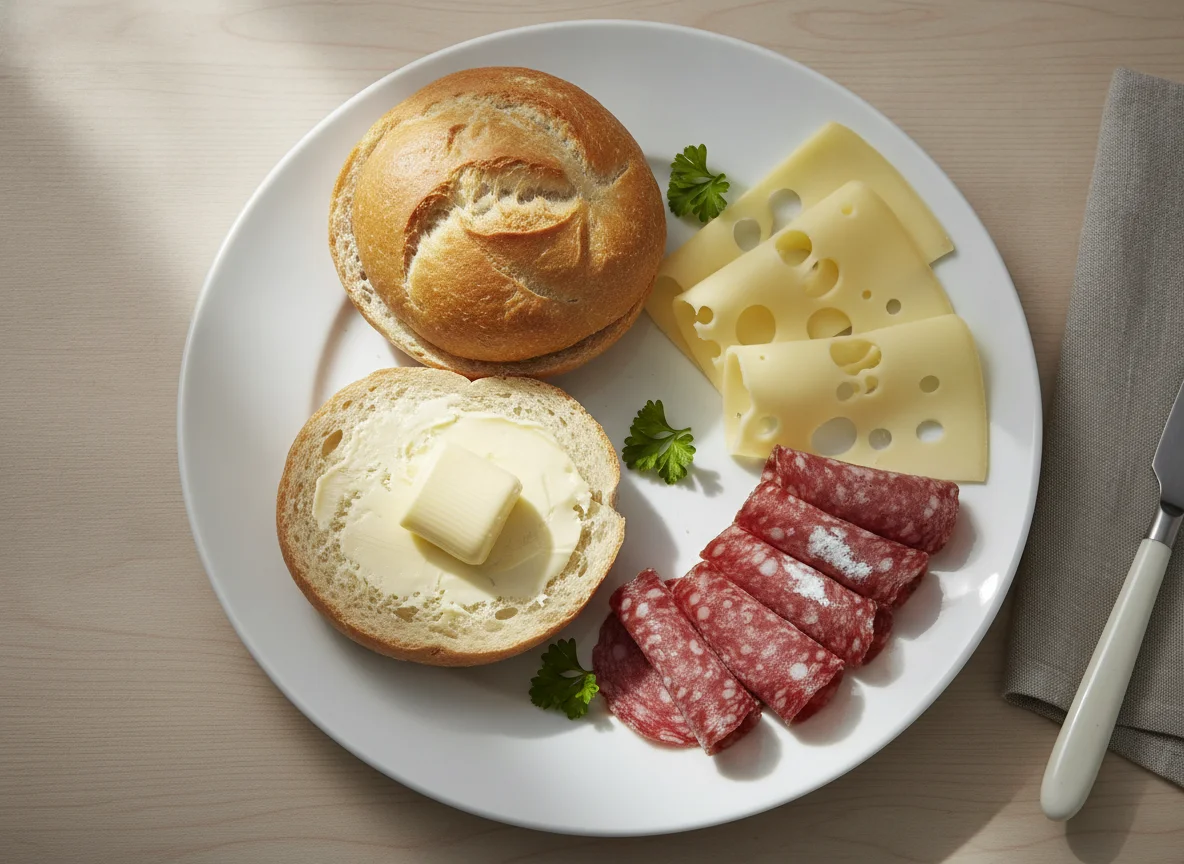 Frühstücksteller mit Brötchen, Käse und Salami photo