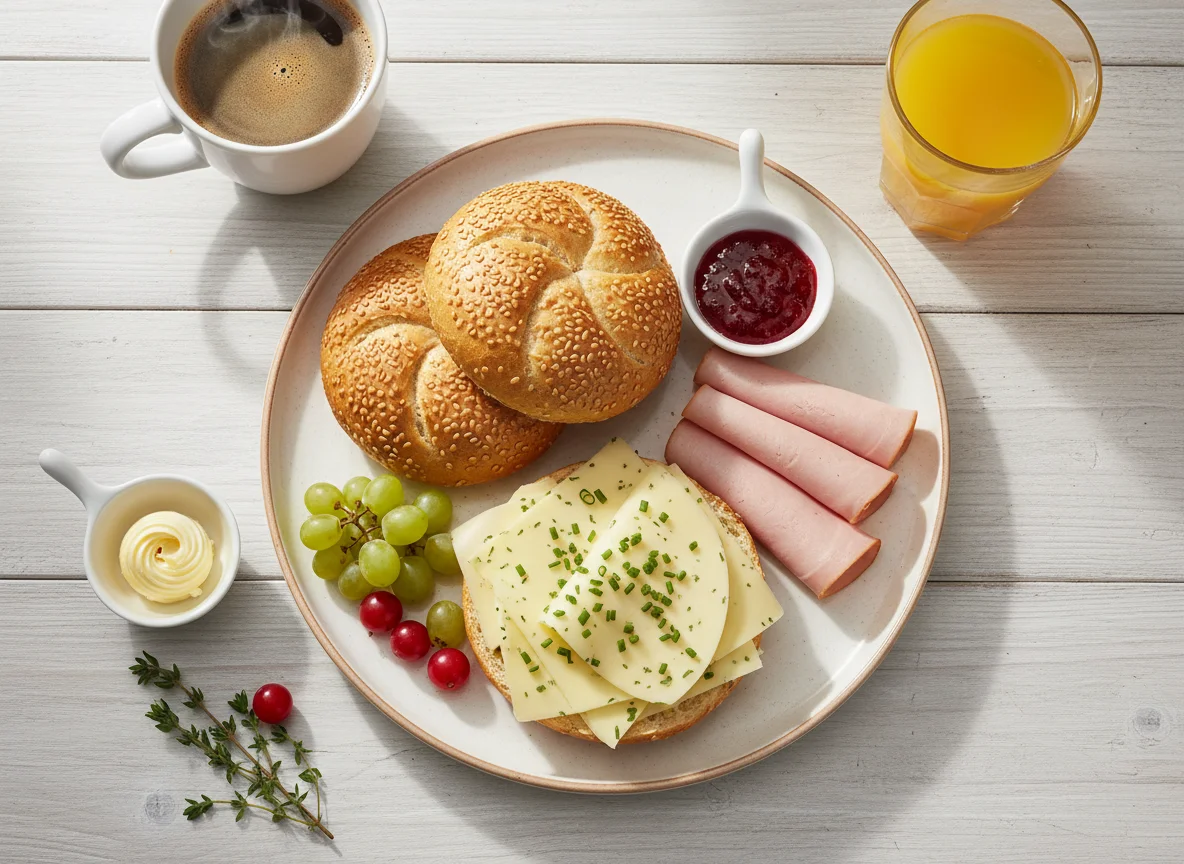 Frühstücksteller mit Brötchen, Käse und Schinken photo