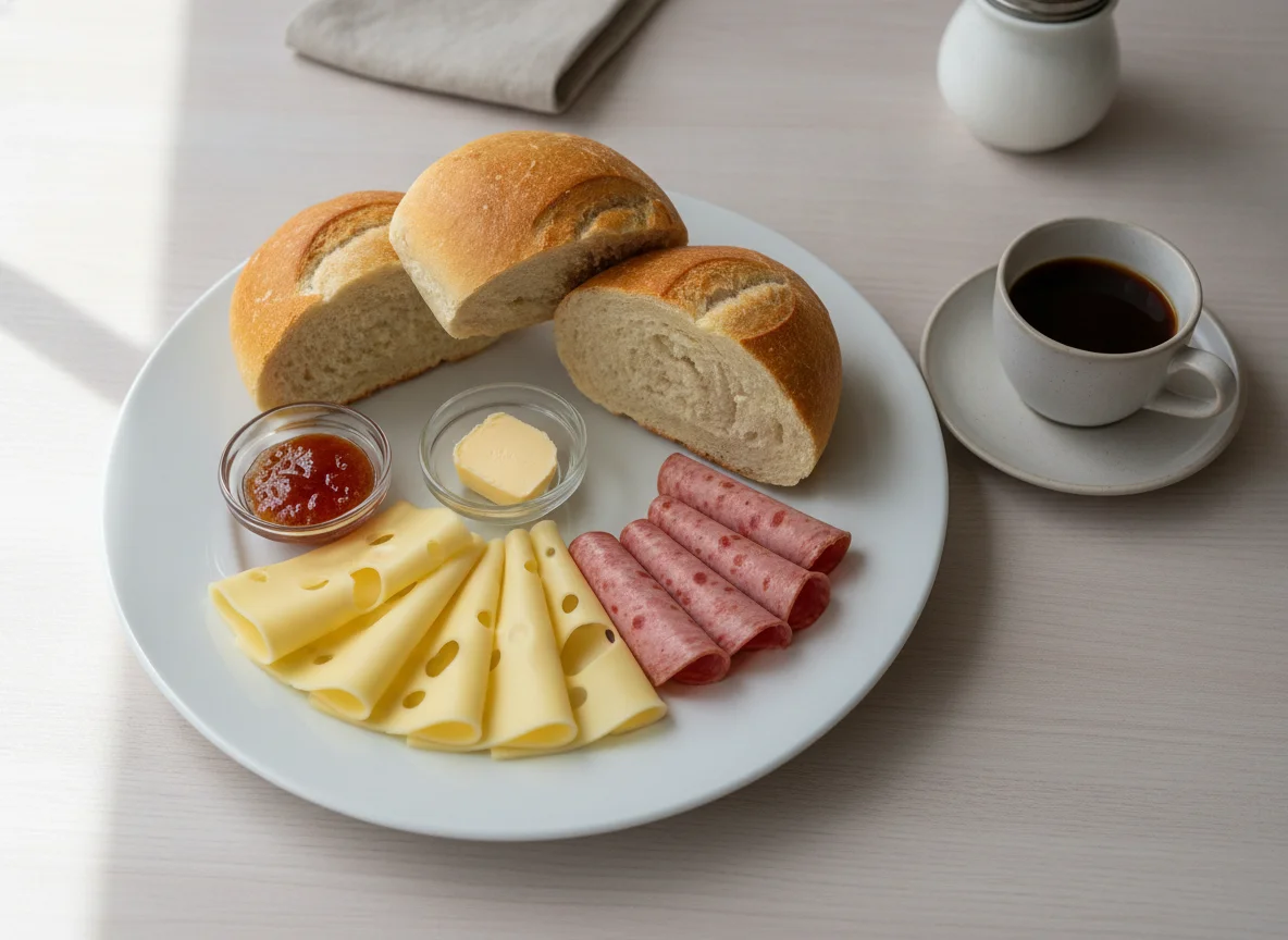 Frühstücksteller mit Brötchen, Käse und Wurst photo