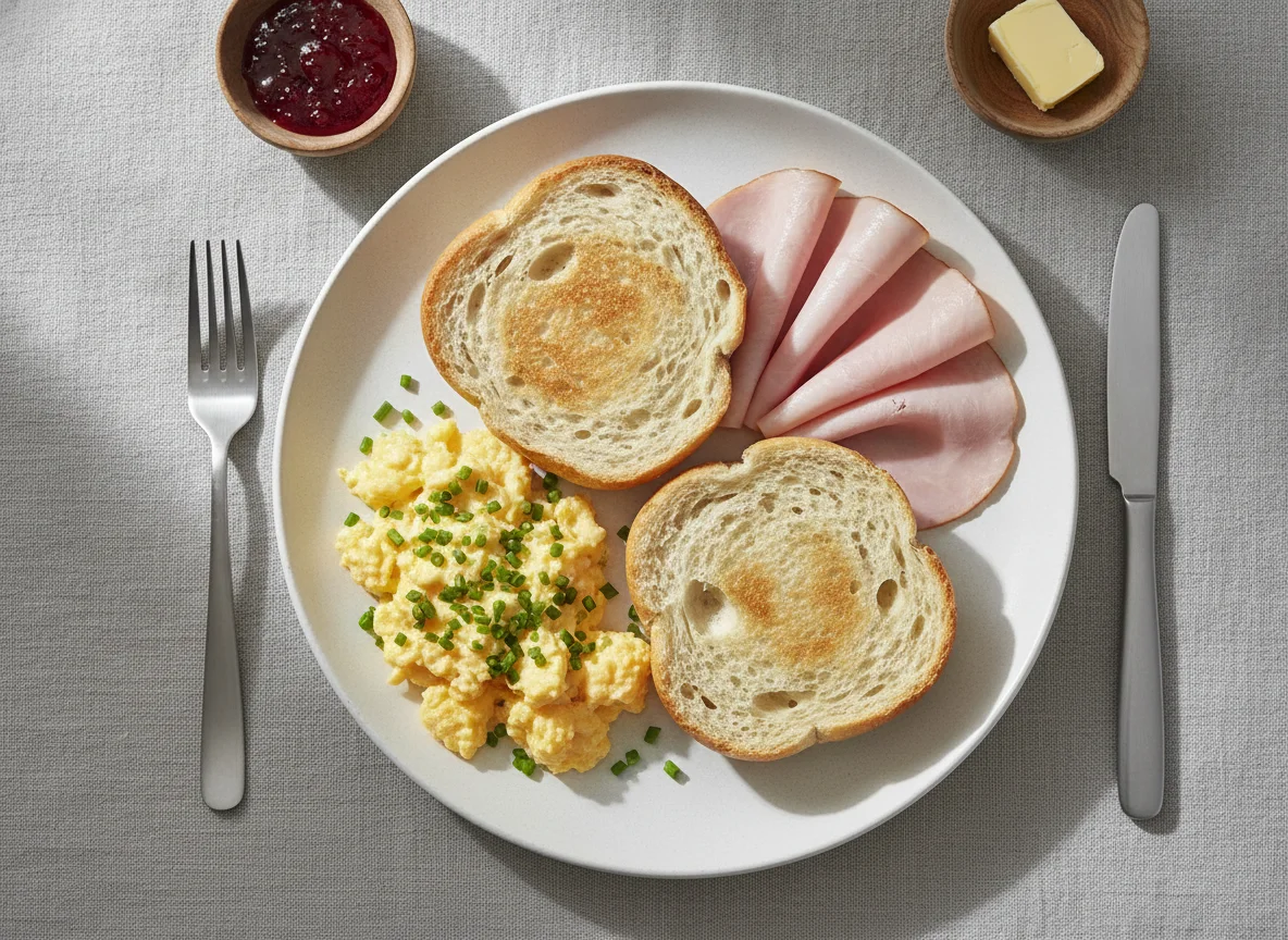 Frühstücksteller mit Brötchen, Rührei und Schinken photo