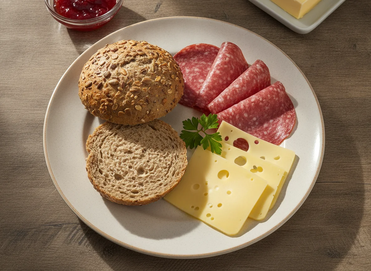 Frühstücksteller mit Brötchen, Salami und Käse photo
