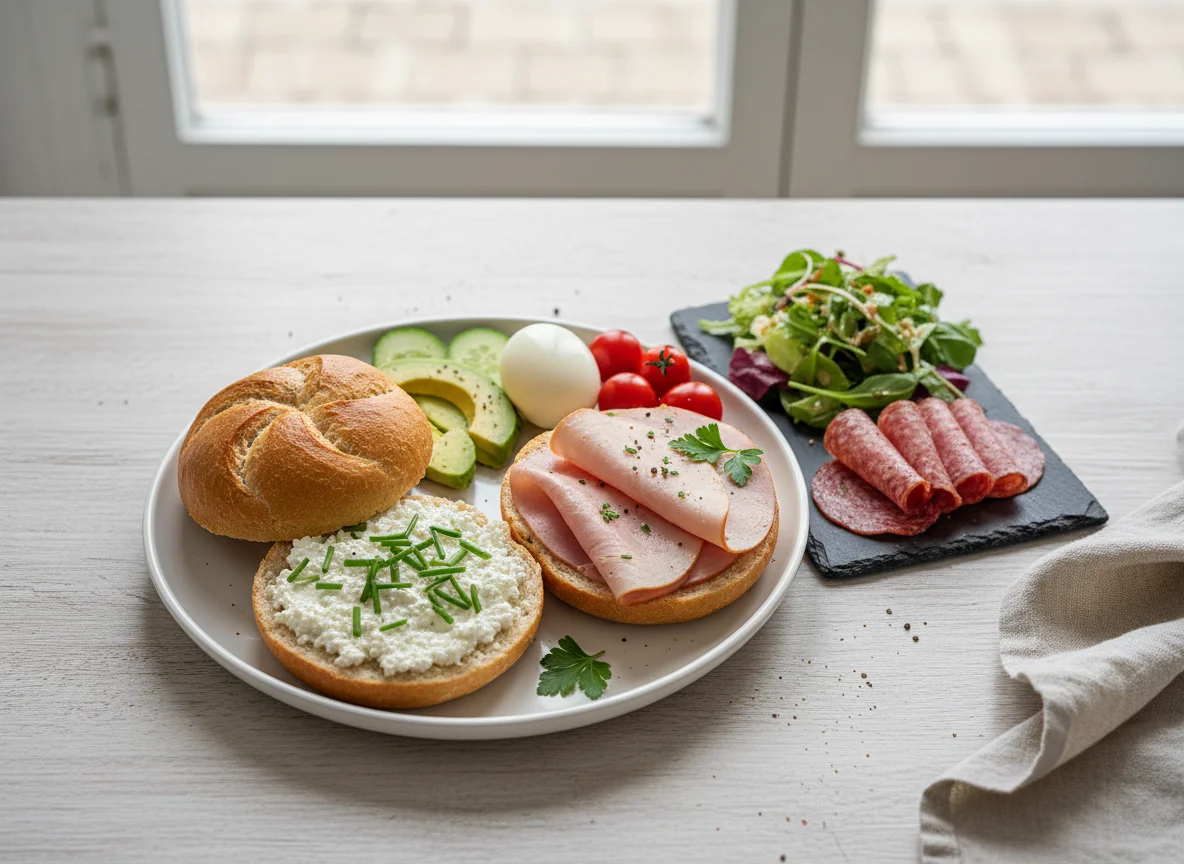 Frühstücksteller mit Brötchen, Schinken, Ei und Salat photo