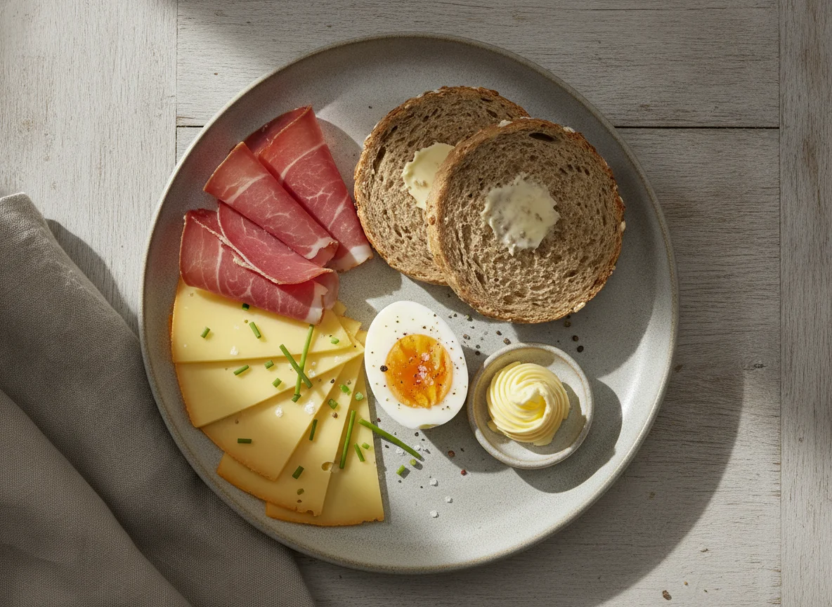 Frühstücksteller mit Brötchen, Schinken, Käse und Ei photo