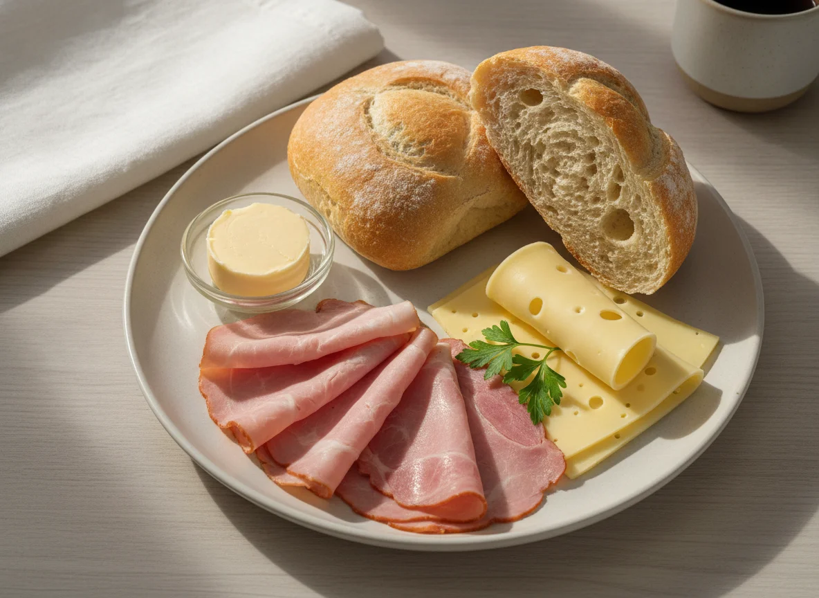 Frühstücksteller mit Brötchen, Schinken und Käse photo