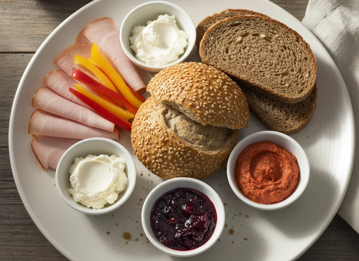 Frühstücksteller mit Brötchen und Aufstrichen photo