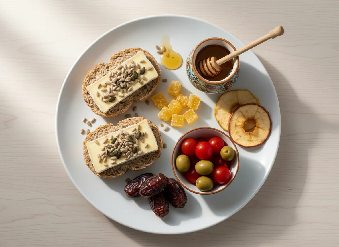 Frühstücksteller mit Brötchen und Beilagen photo