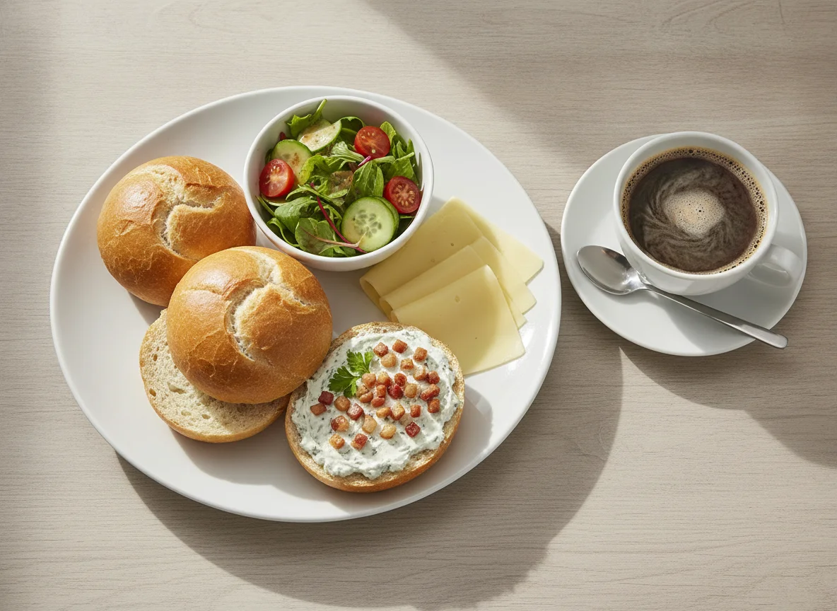 Frühstücksteller mit Brötchen und Kaffee photo